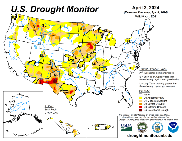 The U.S. Drought Monitor is jointly produced by the National Drought Mitigation Center at the University of Nebraska-Lincoln, the U.S. Department of Agriculture and the National Oceanic Atmospheric Administration. (Map courtesy of NDMC.)