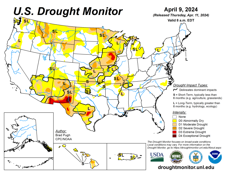 The U.S. Drought Monitor is jointly produced by the National Drought Mitigation Center at the University of Nebraska-Lincoln, the U.S. Department of Agriculture and the National Oceanic Atmospheric Administration. (Map courtesy of NDMC.)