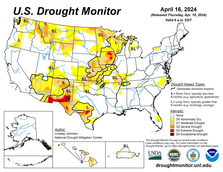 The U.S. Drought Monitor is jointly produced by the National Drought Mitigation Center at the University of Nebraska-Lincoln, the U.S. Department of Agriculture and the National Oceanic Atmospheric Administration. (Map courtesy of NDMC.)