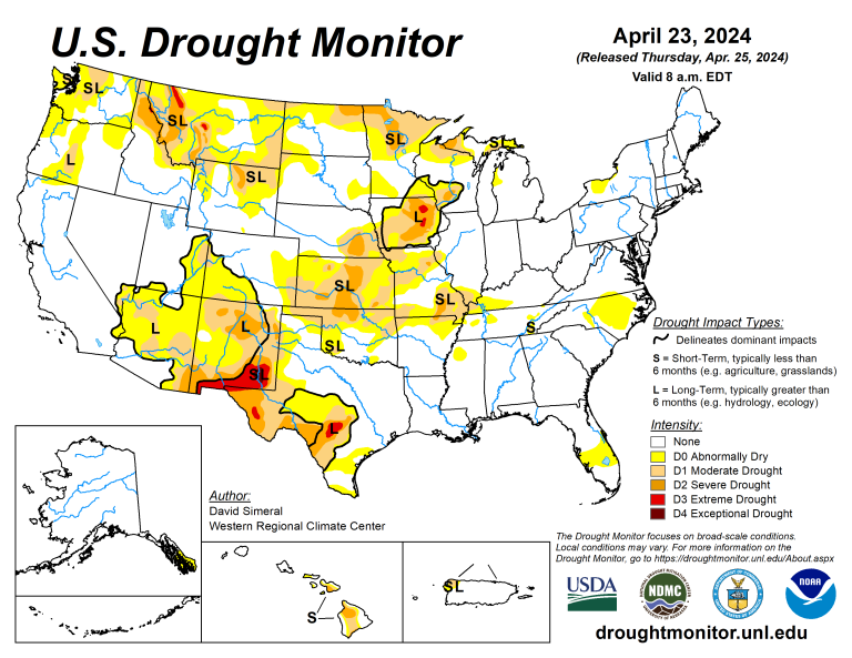 The U.S. Drought Monitor is jointly produced by the National Drought Mitigation Center at the University of Nebraska-Lincoln, the U.S. Department of Agriculture and the National Oceanic Atmospheric Administration. (Map courtesy of NDMC.)