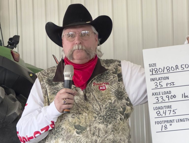 Dusty Hininger, sales training manager at Firestone Ag, says proper inflation and ballast on farm equipment can save farmers money on fuel and productivity. (Photo by Bill Spiegel.)