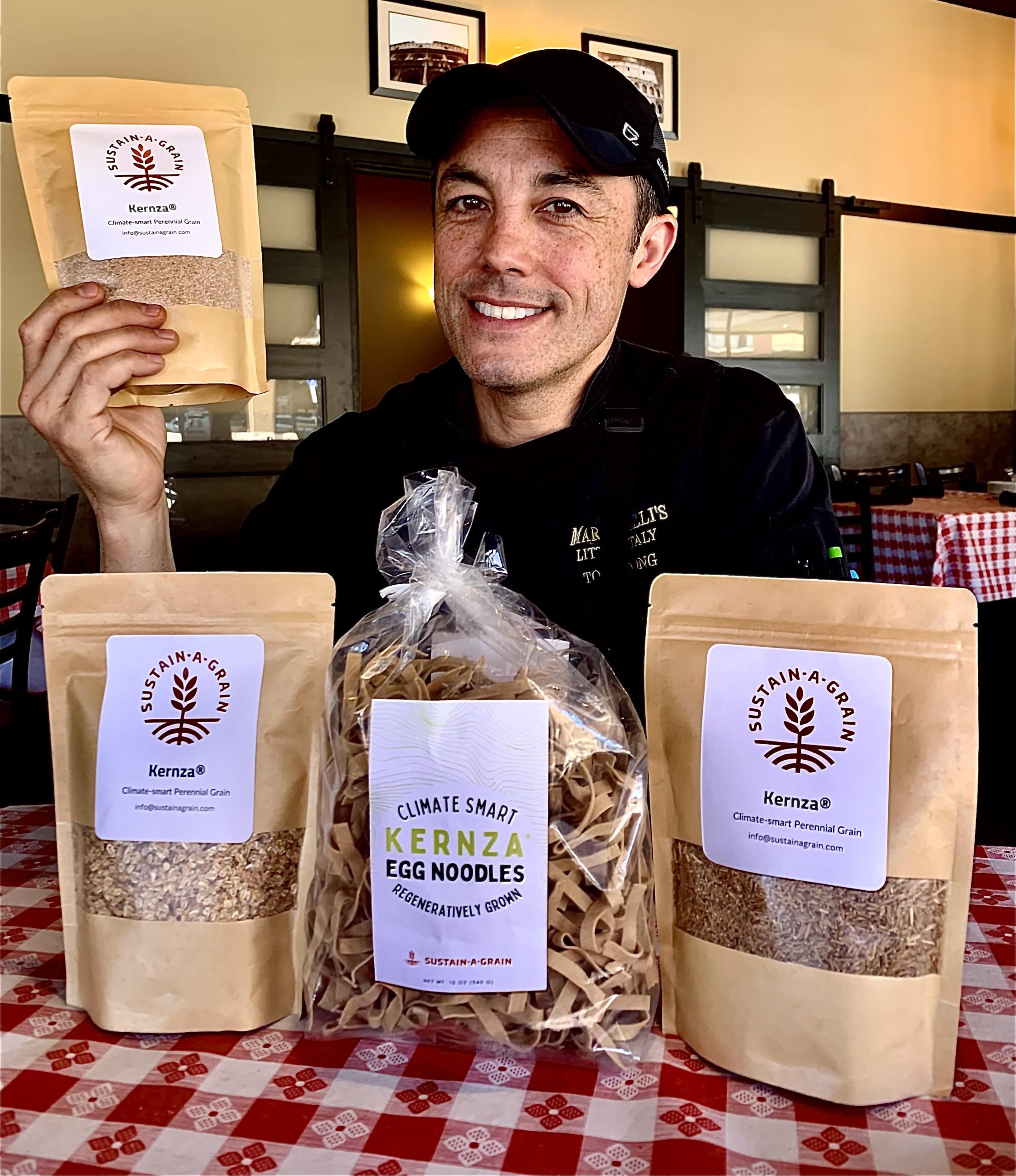 Martinelli’s Little Italy owner Tony Dong, of Salina, is stoked to put these Kernza products to work during the Kernza4Kansas event over Earth Day weekend. (Photo by Tim Unruh.)