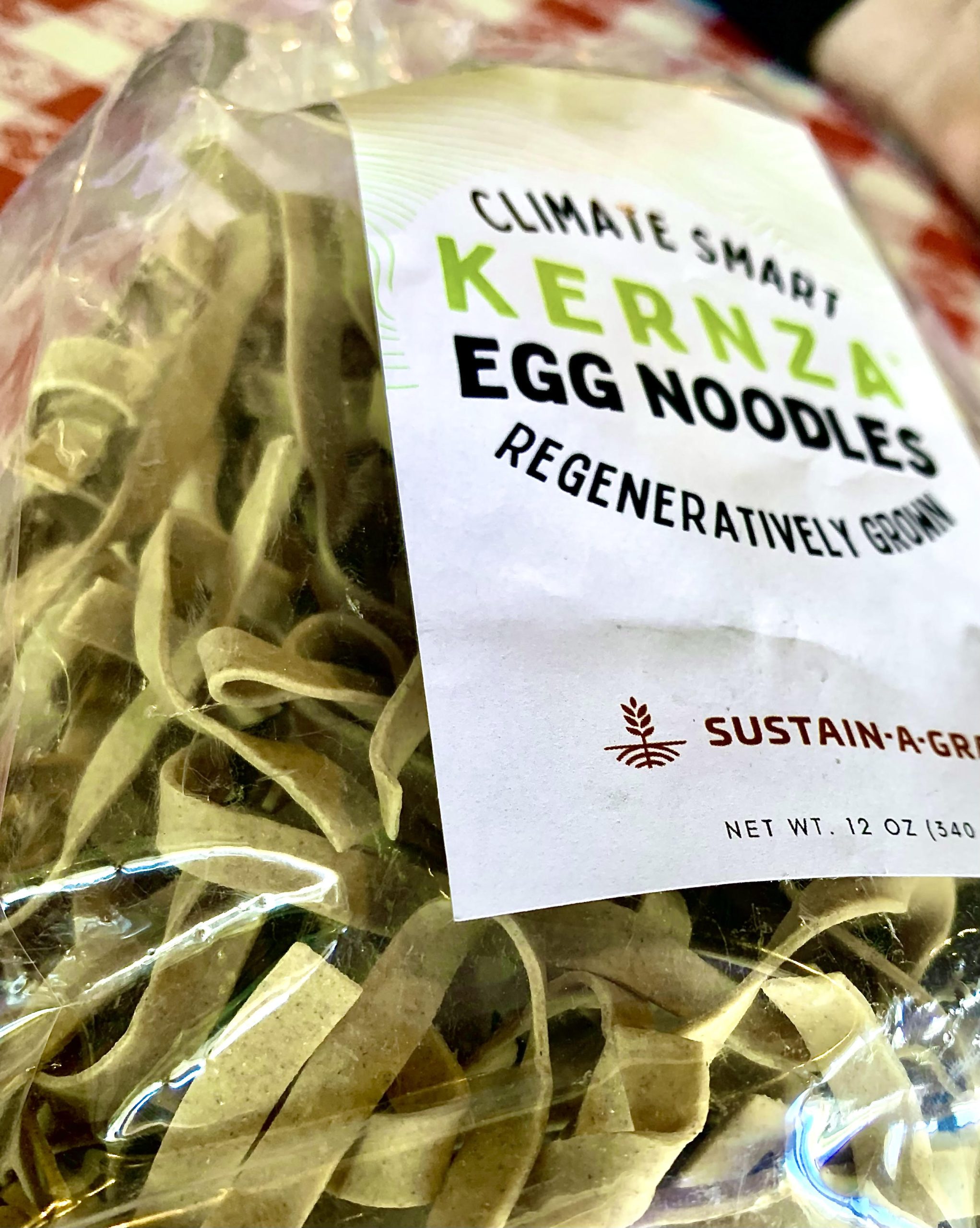 A bag of Kernza egg noodles is among the products marketed by Sustain-A-Grain. (Photo by Tim Unruh.)