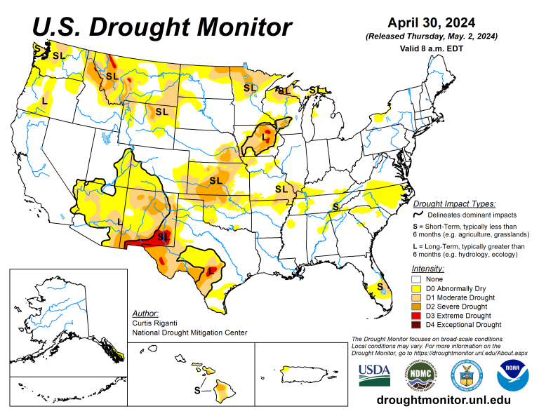 The U.S. Drought Monitor is jointly produced by the National Drought Mitigation Center at the University of Nebraska-Lincoln, the U.S. Department of Agriculture and the National Oceanic Atmospheric Administration. (Map courtesy of NDMC.)