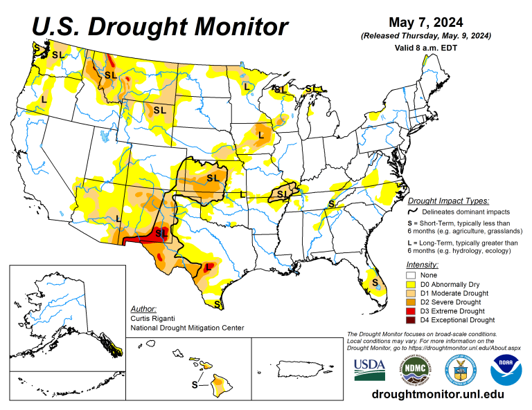 The U.S. Drought Monitor is jointly produced by the National Drought Mitigation Center at the University of Nebraska-Lincoln, the U.S. Department of Agriculture and the National Oceanic Atmospheric Administration. (Map courtesy of NDMC.)