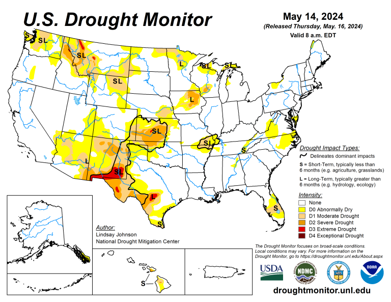 The U.S. Drought Monitor is jointly produced by the National Drought Mitigation Center at the University of Nebraska-Lincoln, the U.S. Department of Agriculture and the National Oceanic Atmospheric Administration. (Map courtesy of NDMC.)