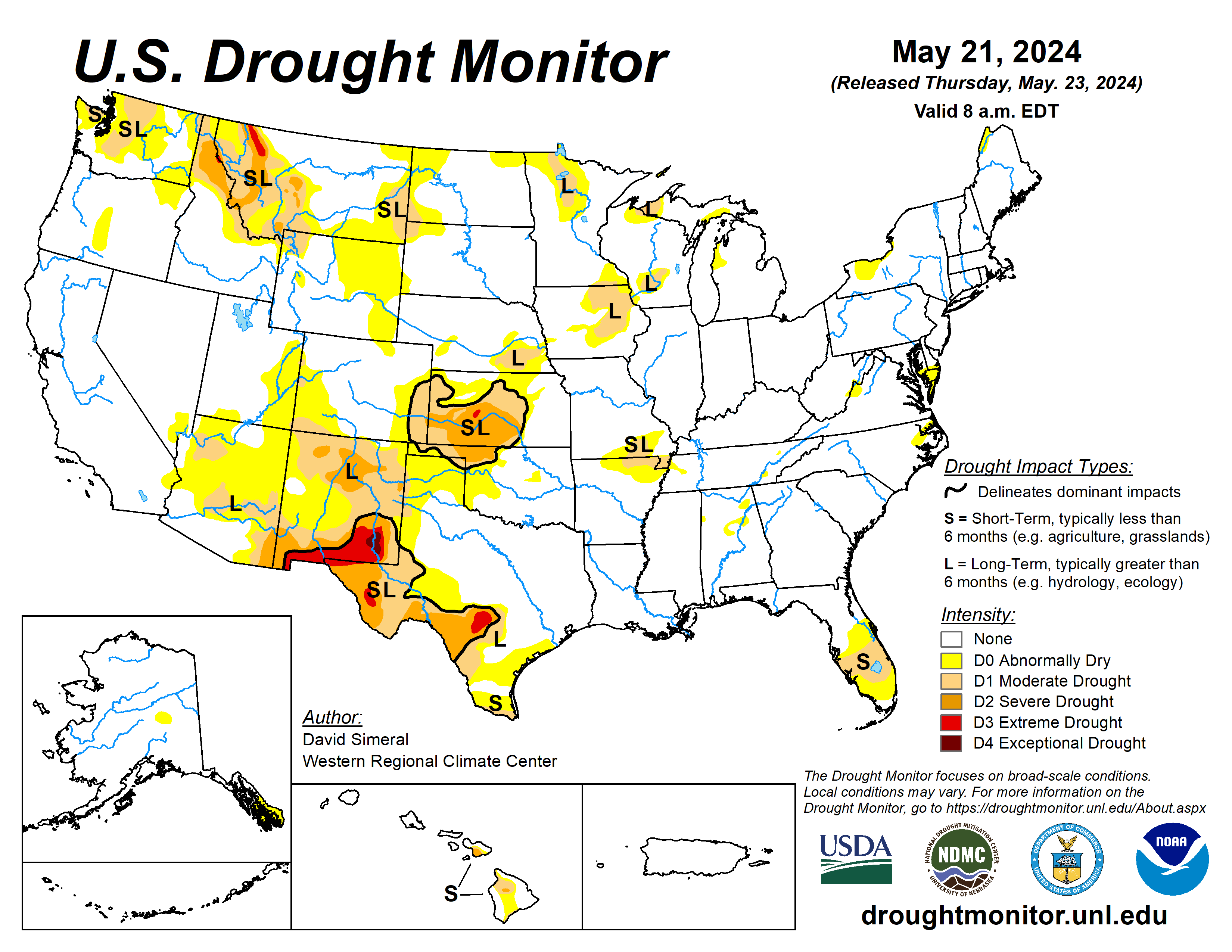The U.S. Drought Monitor is jointly produced by the National Drought Mitigation Center at the University of Nebraska-Lincoln, the U.S. Department of Agriculture and the National Oceanic Atmospheric Administration. (Map courtesy of NDMC.)