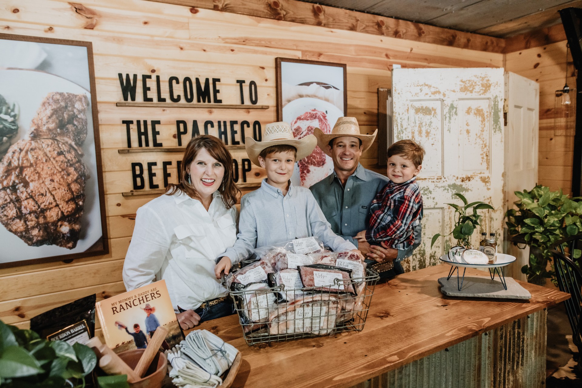 At Pacheco Beef in Alma, Kansas, high-quality, locally raised beef is a family affair. From left, Wrenn, Leo, Arturo and Ross Pacheco market cuts grown from their Angus-based herd. They have a storefront in Alma, and ship beef across the nation.  (Photo courtesy Wrenn Pacheco.)