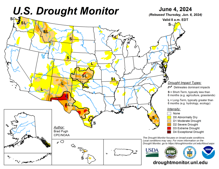 The U.S. Drought Monitor is jointly produced by the National Drought Mitigation Center at the University of Nebraska-Lincoln, the U.S. Department of Agriculture and the National Oceanic Atmospheric Administration. (Map courtesy of NDMC.)