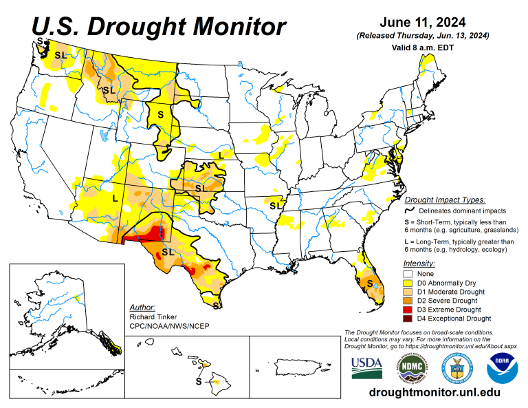 The U.S. Drought Monitor is jointly produced by the National Drought Mitigation Center at the University of Nebraska-Lincoln, the U.S. Department of Agriculture and the National Oceanic Atmospheric Administration. (Map courtesy of NDMC.)