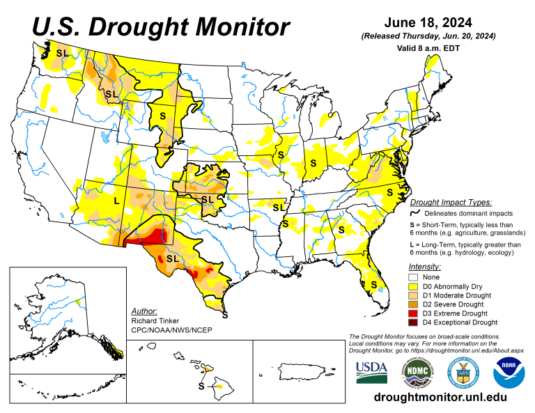 The U.S. Drought Monitor is jointly produced by the National Drought Mitigation Center at the University of Nebraska-Lincoln, the U.S. Department of Agriculture and the National Oceanic Atmospheric Administration. (Map courtesy of NDMC.)