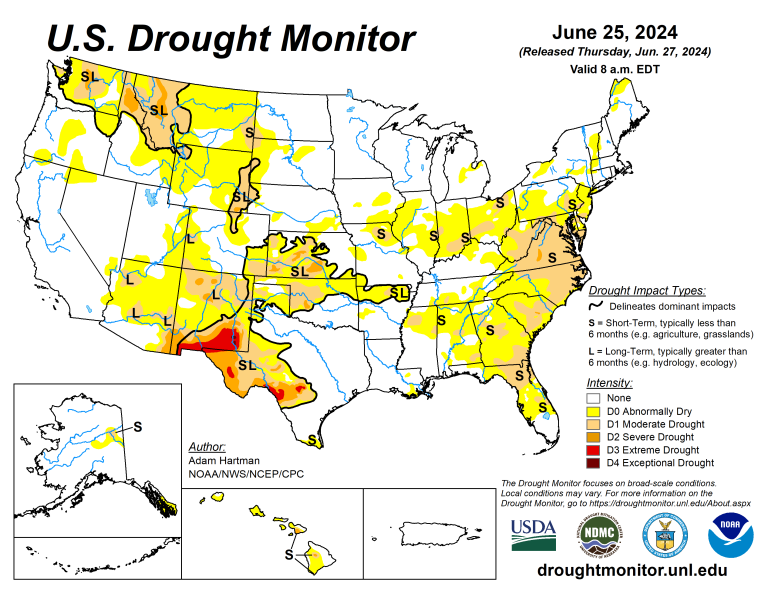 The U.S. Drought Monitor is jointly produced by the National Drought Mitigation Center at the University of Nebraska-Lincoln, the U.S. Department of Agriculture and the National Oceanic Atmospheric Administration. (Map courtesy of NDMC.)