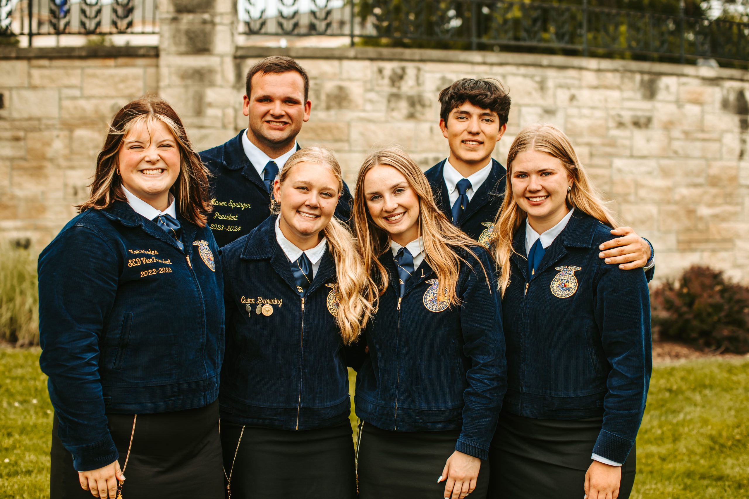 The Kansas FFA state officer team includes President Jory Ratzlaff, from the Canton-Galva FFA chapter; Vice President Hayley Hines, from the Paola FFA chapter; Secretary Quinn Browning, from the Prairie View FFA chapter; Treasurer Zoe Rhodes, from the Girard FFA chapter; Reporter Mason Springer, from the Neodesha FFA chapter; and Sentinel Natalee Bray, from the Pike Valley FFA chapter. (Courtesy photo.)