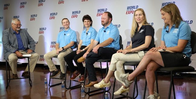 AgriTalk host Chip Flory (left) moderated a policy panel on pork priorities at World Pork Expo in Des Moines. National Pork Producers Council panelists included (from left): Bryan Humphreys, CEO; Lori Stevermer, president; Chase Adams, assistant vice president of domestic policy; Maria C. Zieba, vice president of government affairs; and Anna Forseth, director of animal health. (Courtesy photo.)