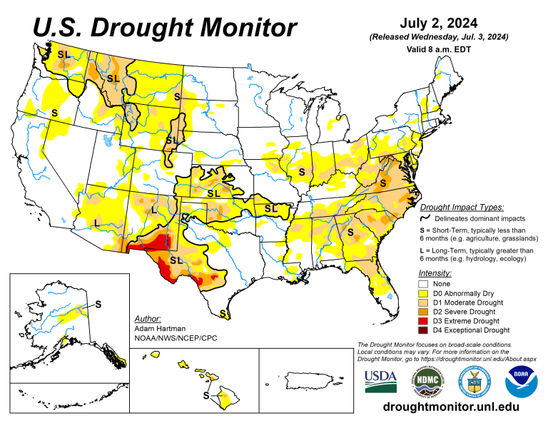 The U.S. Drought Monitor is jointly produced by the National Drought Mitigation Center at the University of Nebraska-Lincoln, the U.S. Department of Agriculture and the National Oceanic Atmospheric Administration. (Map courtesy of NDMC.)