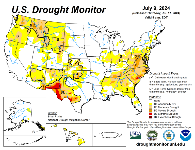 The U.S. Drought Monitor is jointly produced by the National Drought Mitigation Center at the University of Nebraska-Lincoln, the U.S. Department of Agriculture and the National Oceanic Atmospheric Administration. (Map courtesy of NDMC.)