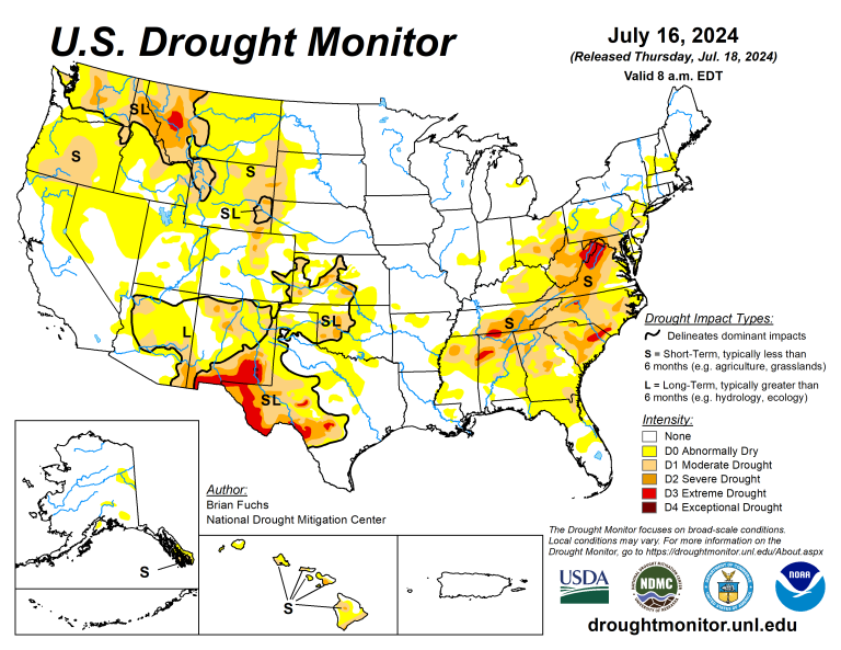 The U.S. Drought Monitor is jointly produced by the National Drought Mitigation Center at the University of Nebraska-Lincoln, the U.S. Department of Agriculture and the National Oceanic Atmospheric Administration. (Map courtesy of NDMC.)