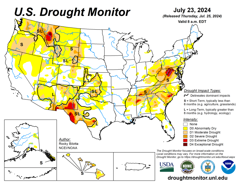 The U.S. Drought Monitor is jointly produced by the National Drought Mitigation Center at the University of Nebraska-Lincoln, the U.S. Department of Agriculture and the National Oceanic Atmospheric Administration. (Map courtesy of NDMC.)