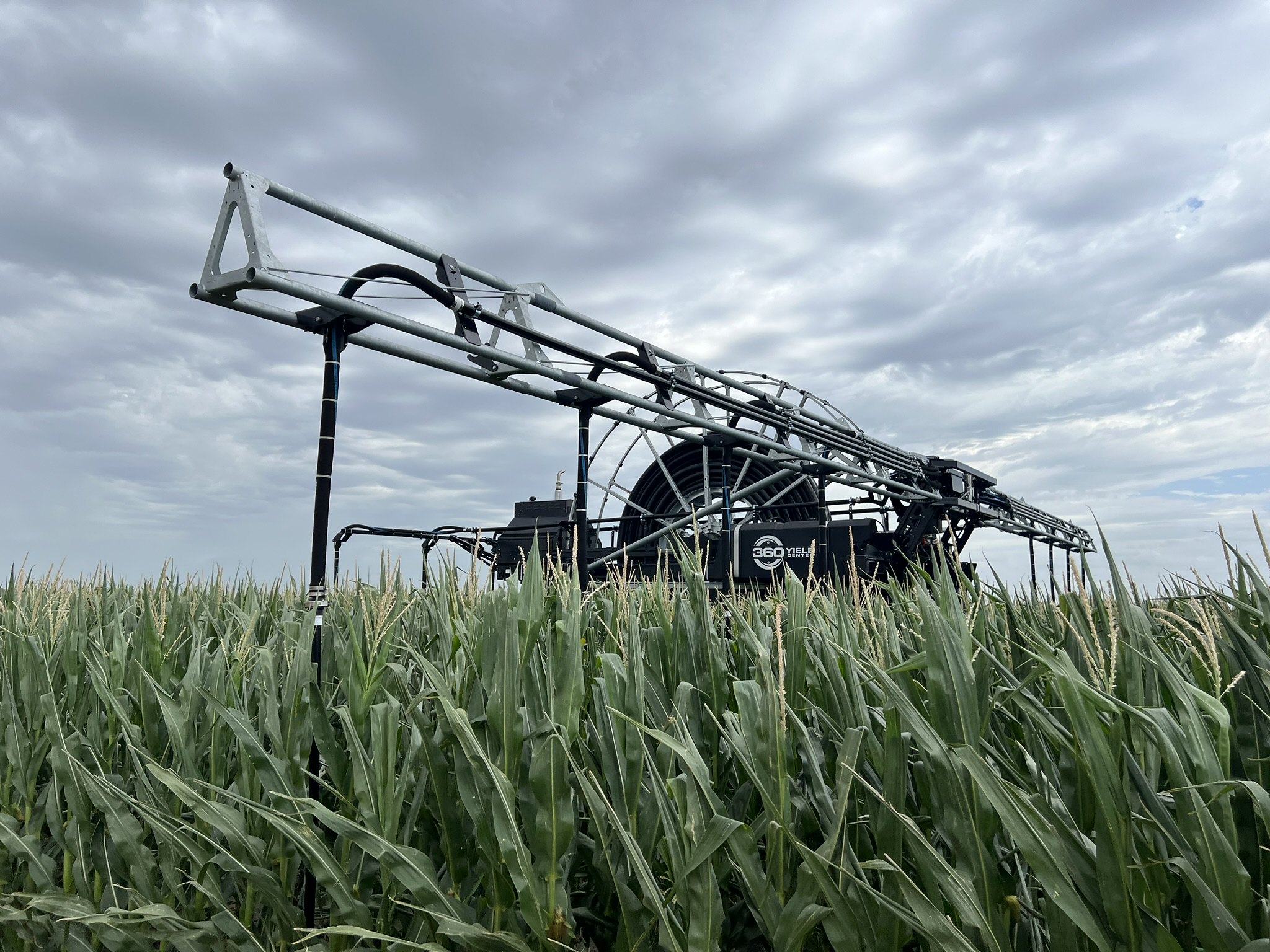 The 360 RAIN irrigation system is the newest technology in place at the Flickner Innovation Farm near Moundridge. (Photo courtesy Kansas Center for Agricultural Resources and the Environment, July 12, 2024)