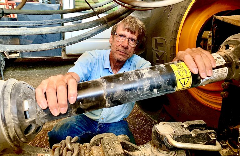 Lifespans of PTO shaft shields are among the issues with safety features on farm equipment, said Craig Stertz, co-owner of Lincoln (Kansas) Farm Supply. (Photo by Tim Unruh.)