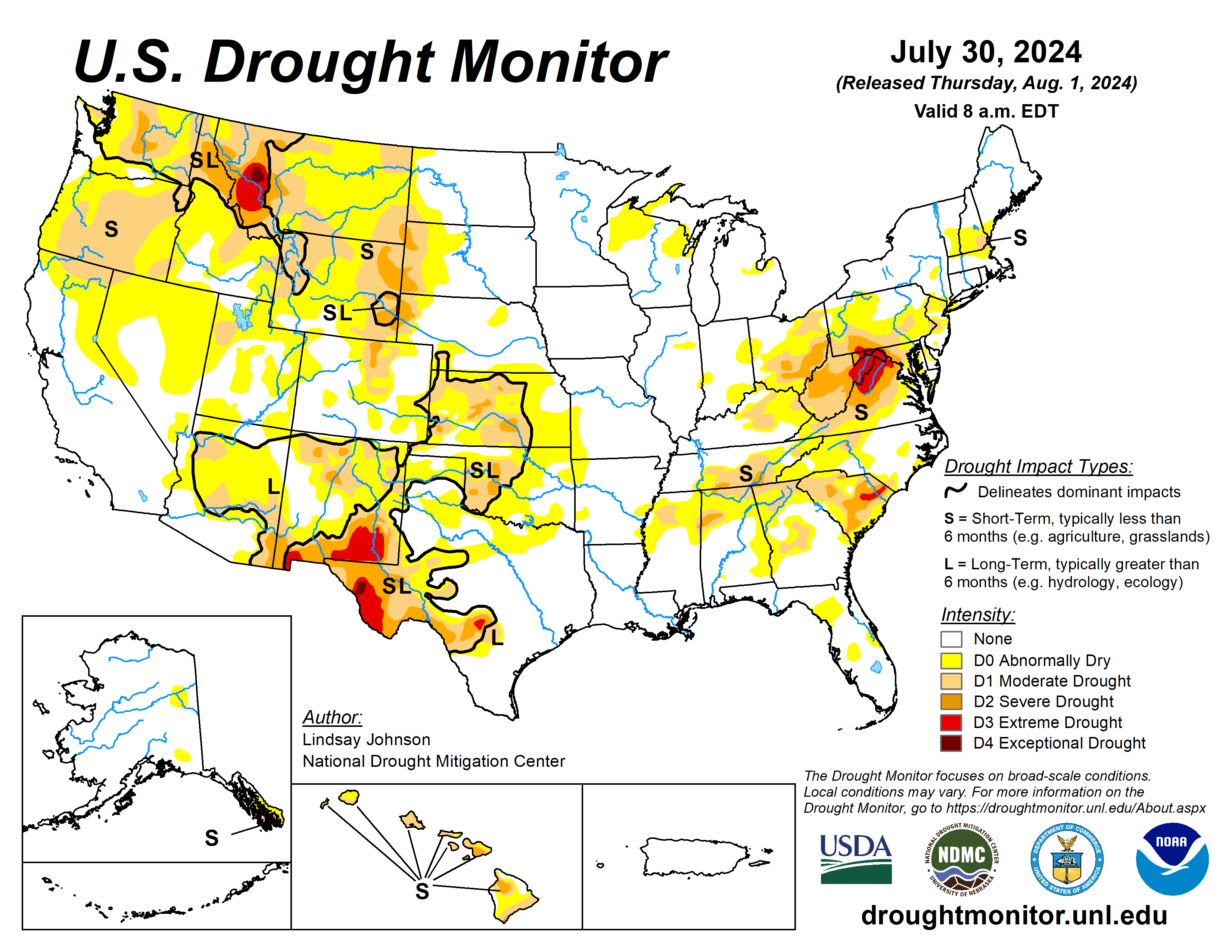 The U.S. Drought Monitor is jointly produced by the National Drought Mitigation Center at the University of Nebraska-Lincoln, the U.S. Department of Agriculture and the National Oceanic Atmospheric Administration. (Map courtesy of NDMC.)