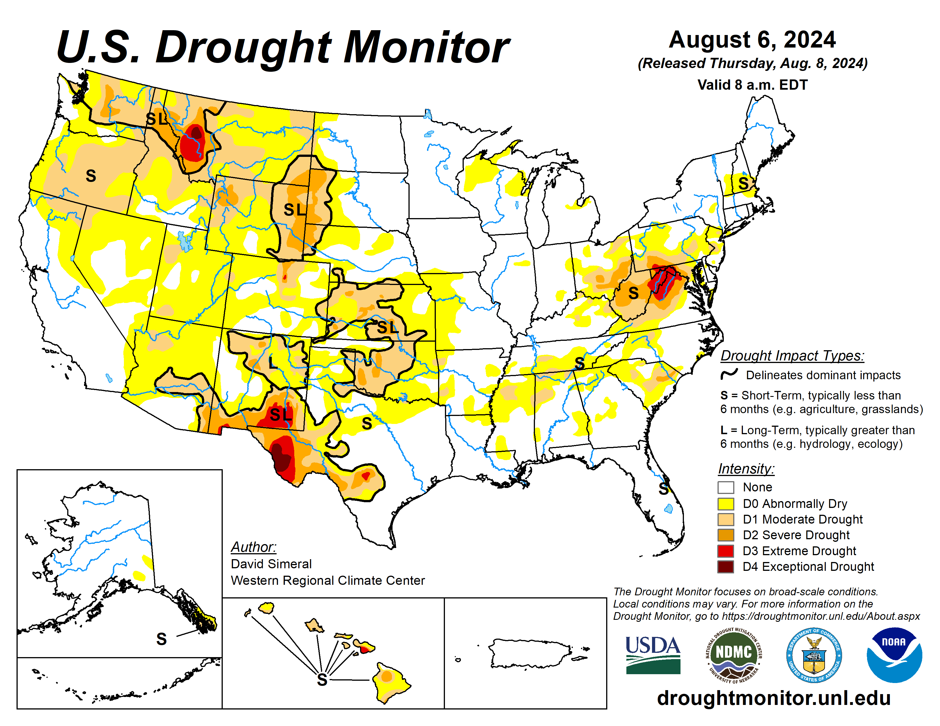 The U.S. Drought Monitor is jointly produced by the National Drought Mitigation Center at the University of Nebraska-Lincoln, the U.S. Department of Agriculture and the National Oceanic Atmospheric Administration. (Map courtesy of NDMC.)