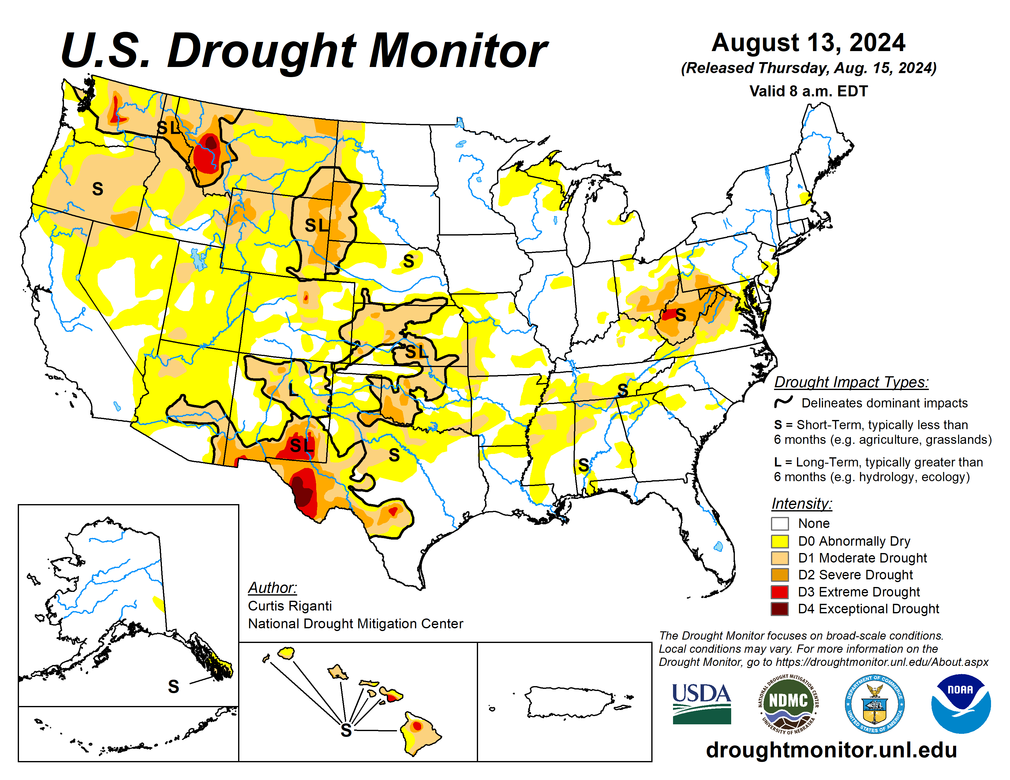 The U.S. Drought Monitor is jointly produced by the National Drought Mitigation Center at the University of Nebraska-Lincoln, the U.S. Department of Agriculture and the National Oceanic Atmospheric Administration. (Map courtesy of NDMC.)