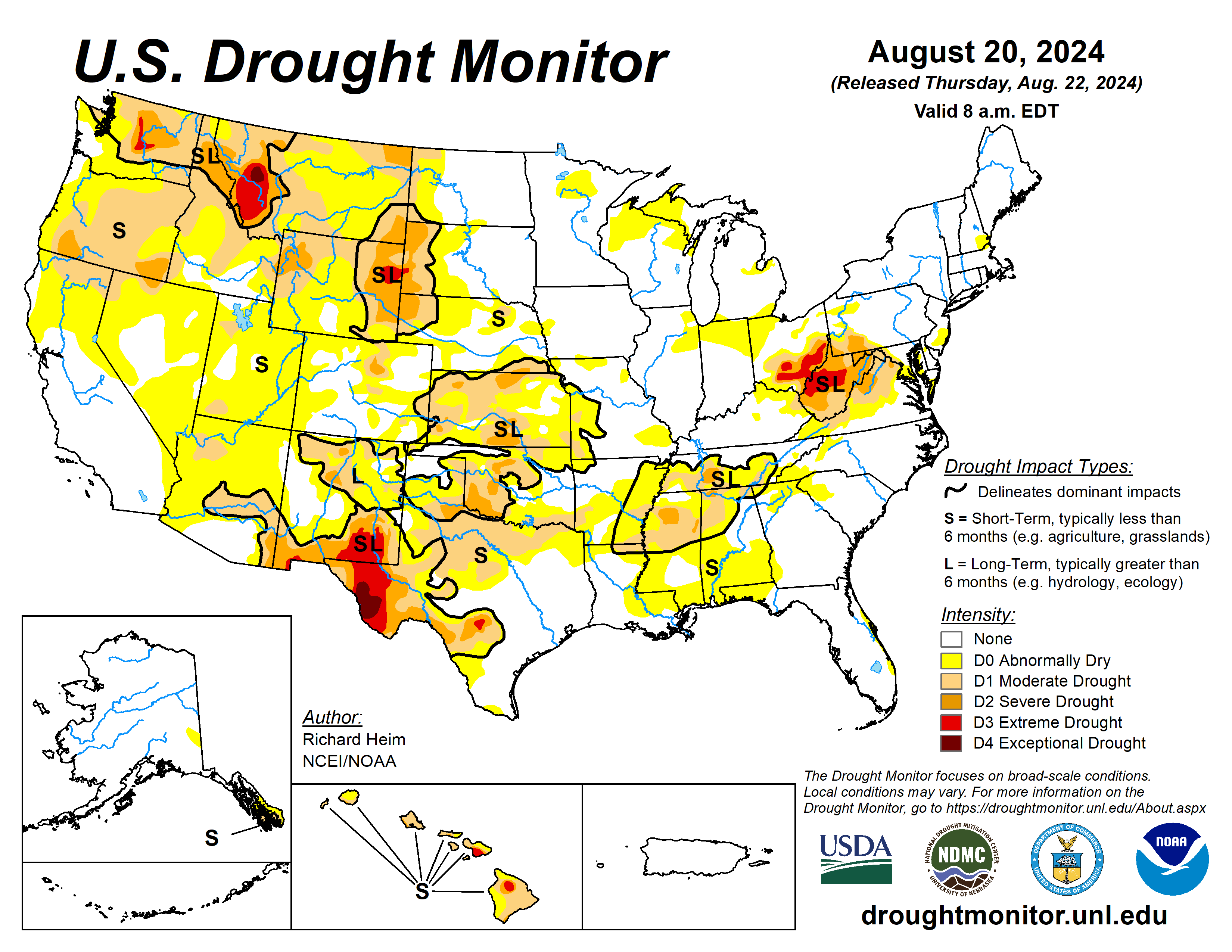 The U.S. Drought Monitor is jointly produced by the National Drought Mitigation Center at the University of Nebraska-Lincoln, the U.S. Department of Agriculture and the National Oceanic Atmospheric Administration. (Map courtesy of NDMC.)