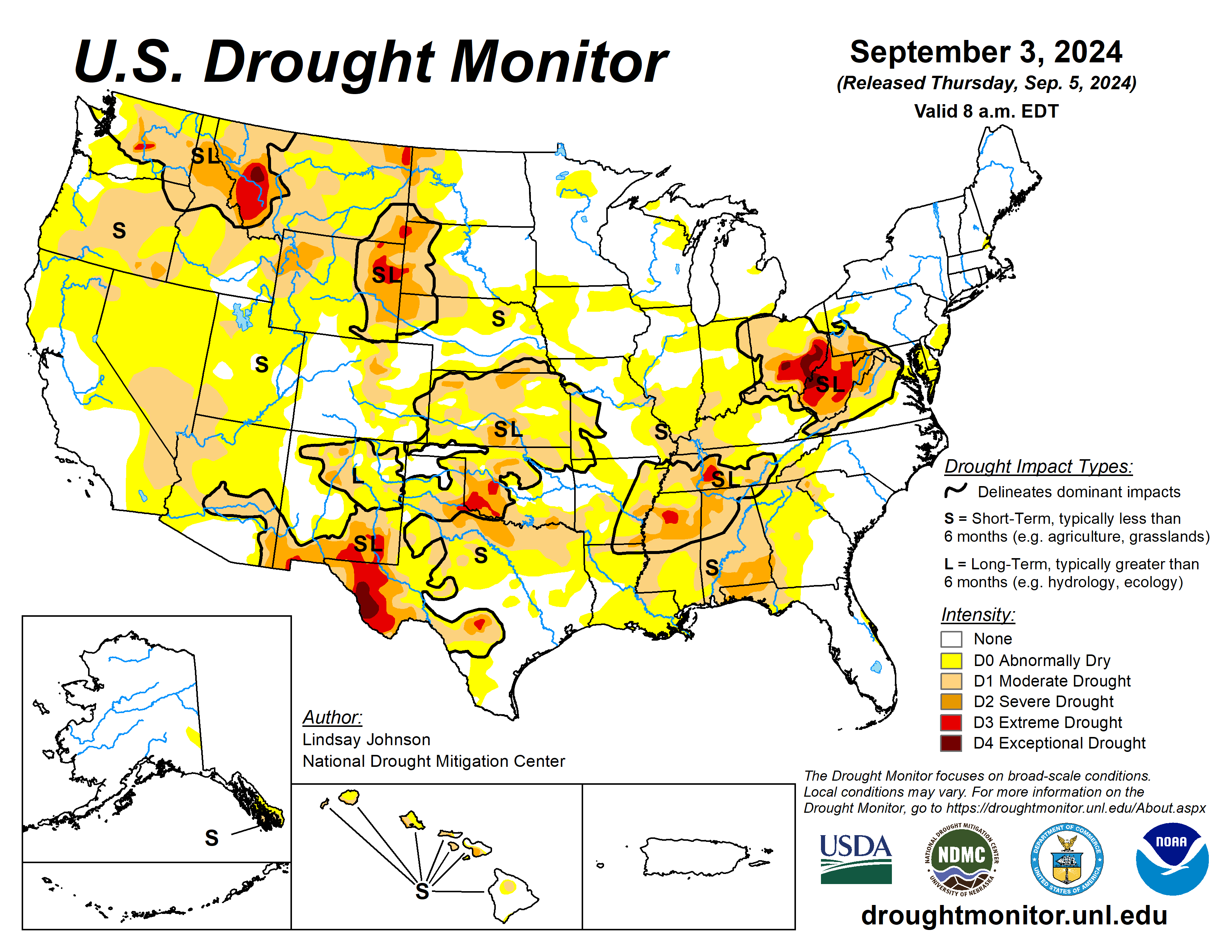 The U.S. Drought Monitor is jointly produced by the National Drought Mitigation Center at the University of Nebraska-Lincoln, the U.S. Department of Agriculture and the National Oceanic Atmospheric Administration. (Map courtesy of NDMC.)