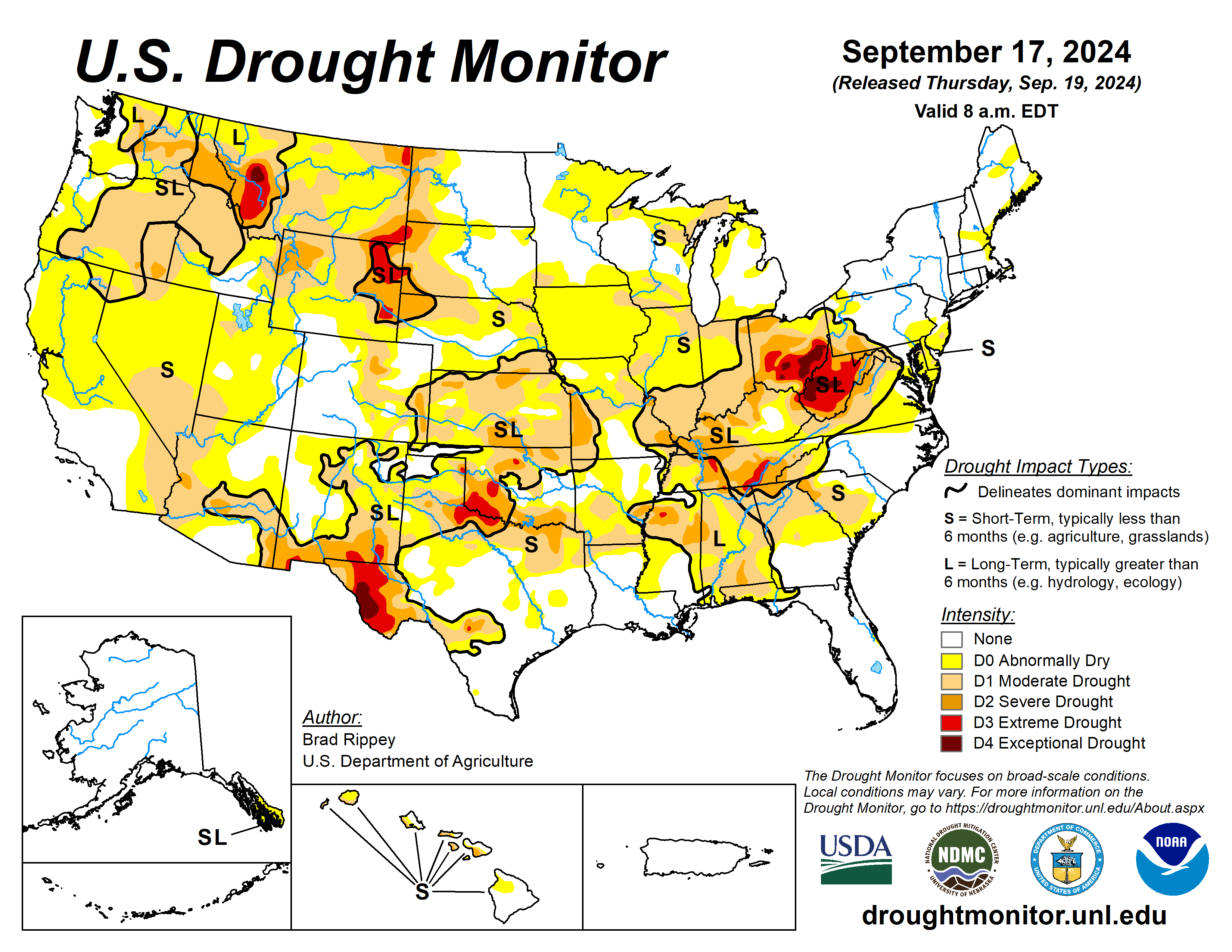 The U.S. Drought Monitor is jointly produced by the National Drought Mitigation Center at the University of Nebraska-Lincoln, the U.S. Department of Agriculture and the National Oceanic Atmospheric Administration. (Map courtesy of NDMC.)