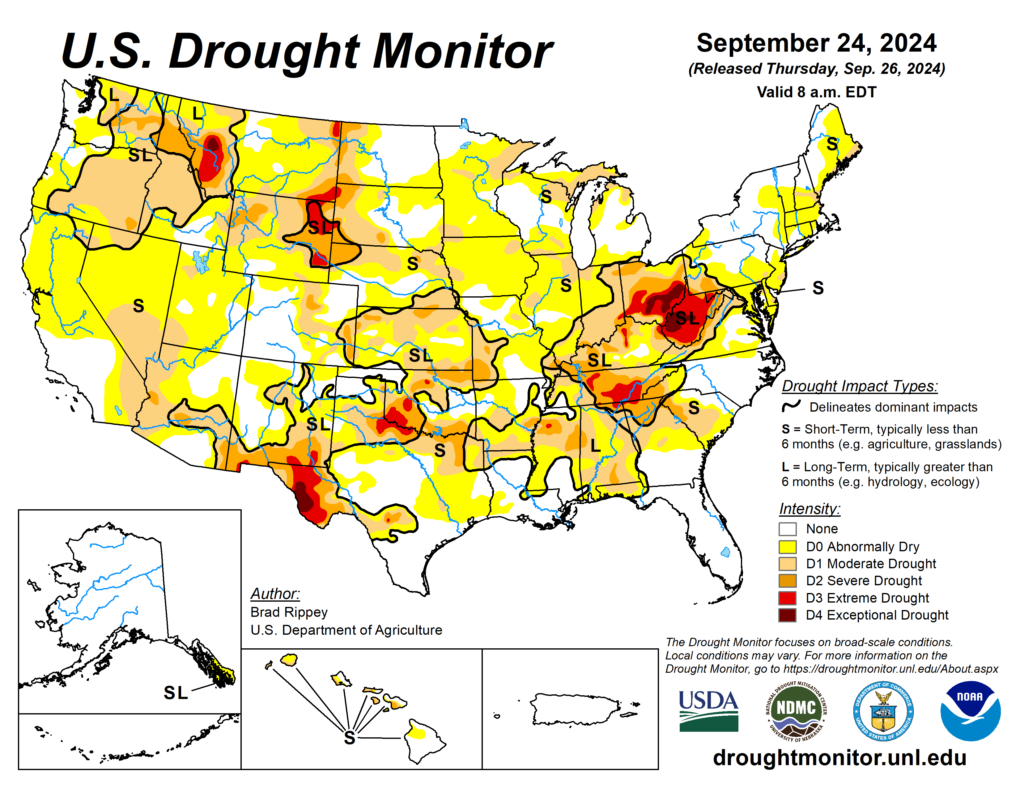 The U.S. Drought Monitor is jointly produced by the National Drought Mitigation Center at the University of Nebraska-Lincoln, the U.S. Department of Agriculture and the National Oceanic Atmospheric Administration. (Map courtesy of NDMC.)