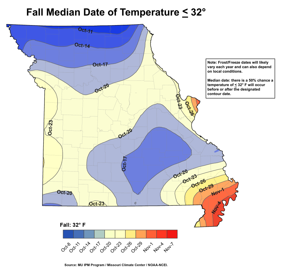 Median fall date for temperatures at or below 32 F. (Graphic: University of Missouri Extension)