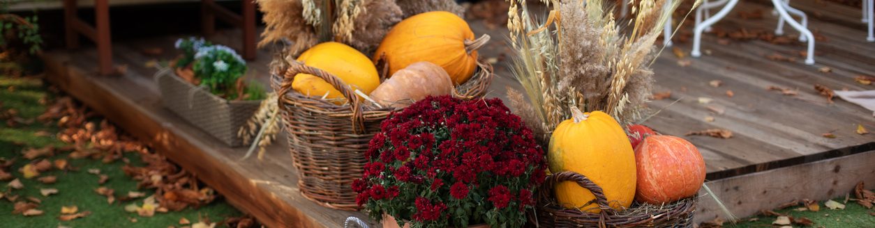 Decorated entrance to house with pumpkins in basket and chrysanthemum. Front Porch decorated for fall season. (Photo: iStock - Тодорчук Екатерина)