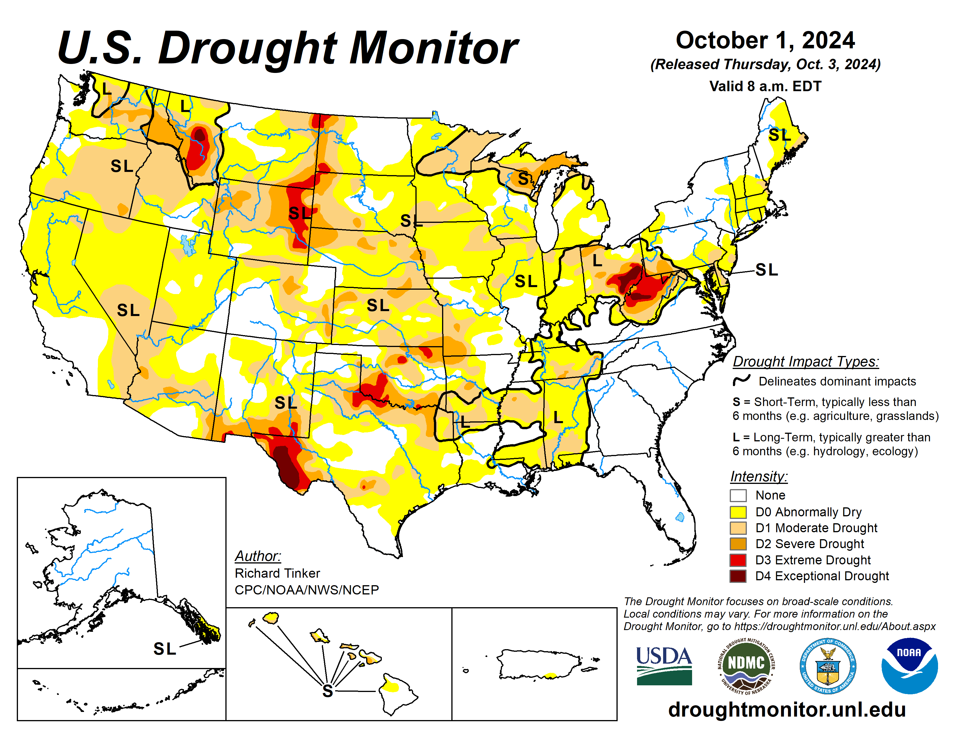 The U.S. Drought Monitor is jointly produced by the National Drought Mitigation Center at the University of Nebraska-Lincoln, the U.S. Department of Agriculture and the National Oceanic Atmospheric Administration. (Map courtesy of NDMC.)