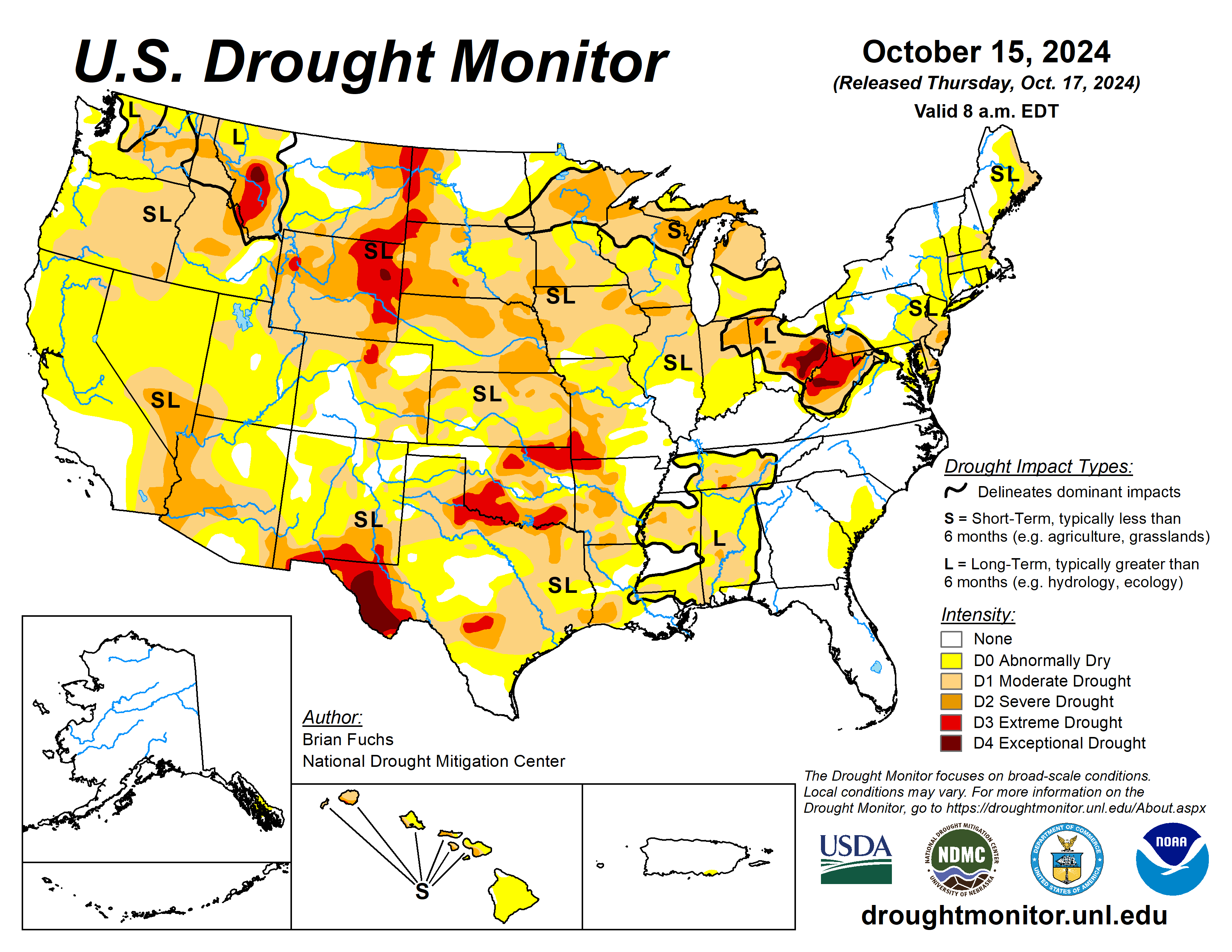 The U.S. Drought Monitor is jointly produced by the National Drought Mitigation Center at the University of Nebraska-Lincoln, the U.S. Department of Agriculture and the National Oceanic Atmospheric Administration. (Map courtesy of NDMC.)