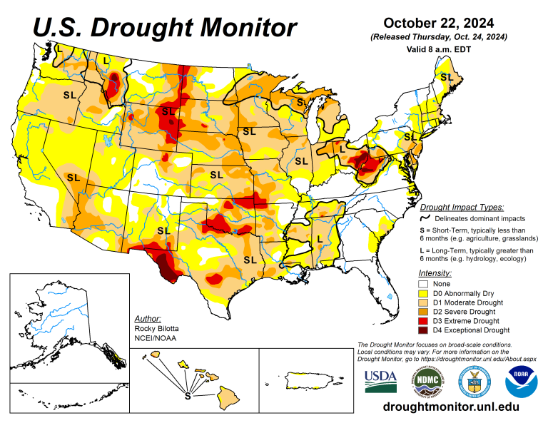 The U.S. Drought Monitor is jointly produced by the National Drought Mitigation Center at the University of Nebraska-Lincoln, the U.S. Department of Agriculture and the National Oceanic Atmospheric Administration. (Map courtesy of NDMC.)