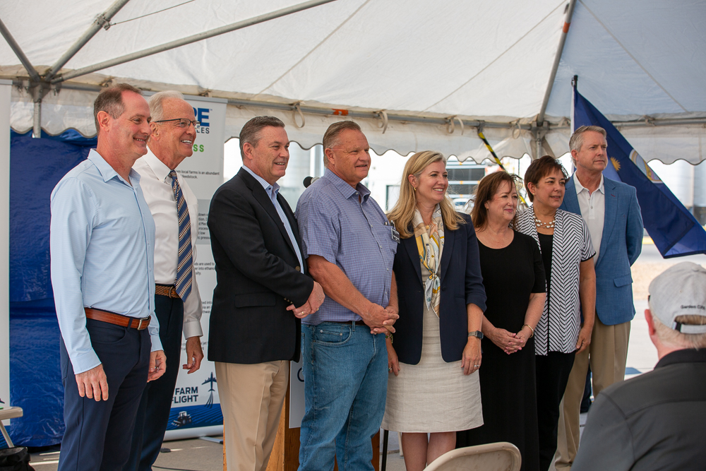 VIPs at the SAFFiRE Renewables Biofuel pilot plant groundbreaking ceremony Aug. 28 in Liberal, Kansas. From left: U.S. Representative Tracy Mann, U.S. Senator Jerry Moran, SAFFiRE CEO Tom Nealon, Conestoga CEO Tom Willis, Growth Energy CEO Emily Skor, Federal Aviation Administration Central Region Deputy Regional Administrator, Debra Sanning, U.S. Department of Energy Bioenergy Technologies Office Director Valerie Sarisky-Reed and U.S. Senator Roger Marshall. (Journal photo by Kylene Scott.)