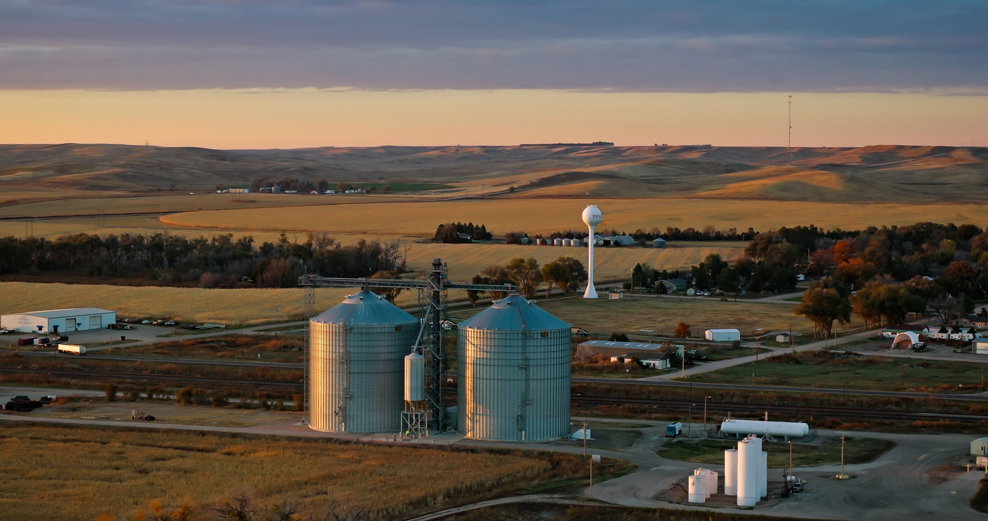 Aerial still image of grain silos in the village of Brule, Nebraska, taken by a drone at sunset. (Photo: iStock - halbergman)