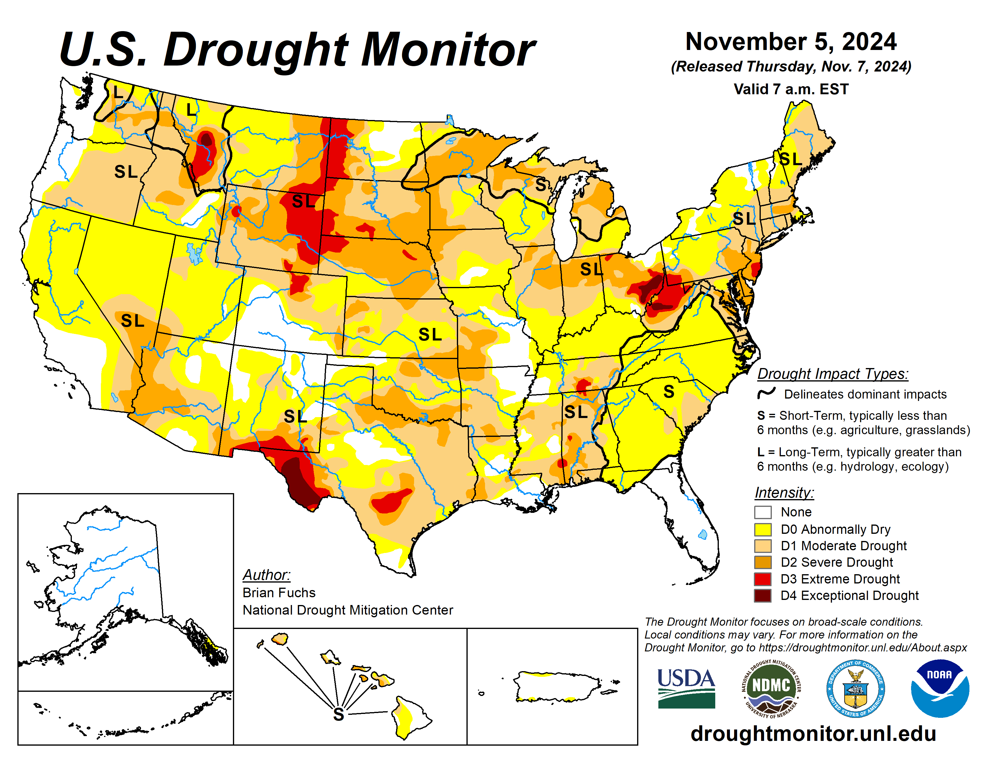 The U.S. Drought Monitor is jointly produced by the National Drought Mitigation Center at the University of Nebraska-Lincoln, the U.S. Department of Agriculture and the National Oceanic Atmospheric Administration. (Map courtesy of NDMC.)