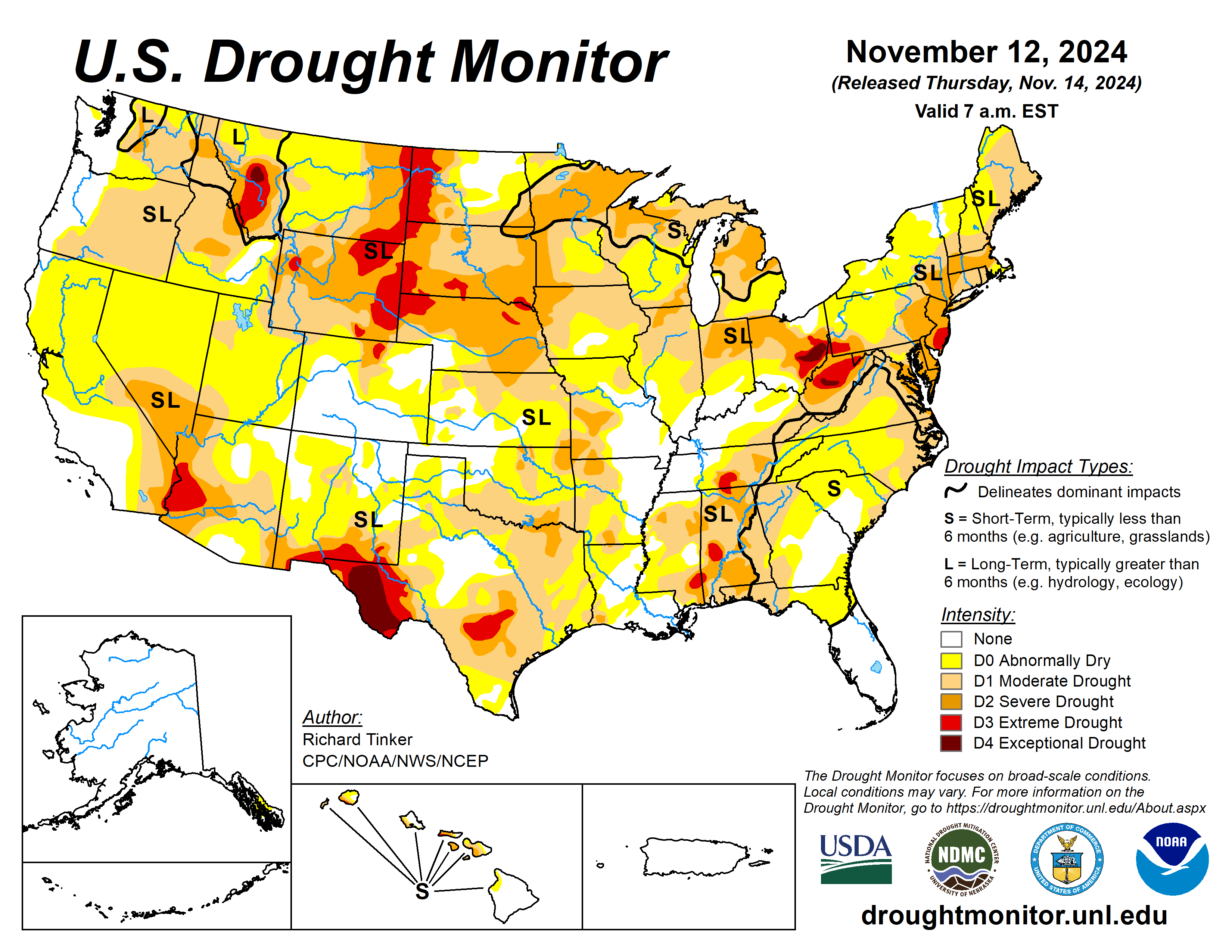 The U.S. Drought Monitor is jointly produced by the National Drought Mitigation Center at the University of Nebraska-Lincoln, the U.S. Department of Agriculture and the National Oceanic Atmospheric Administration. (Map courtesy of NDMC.)