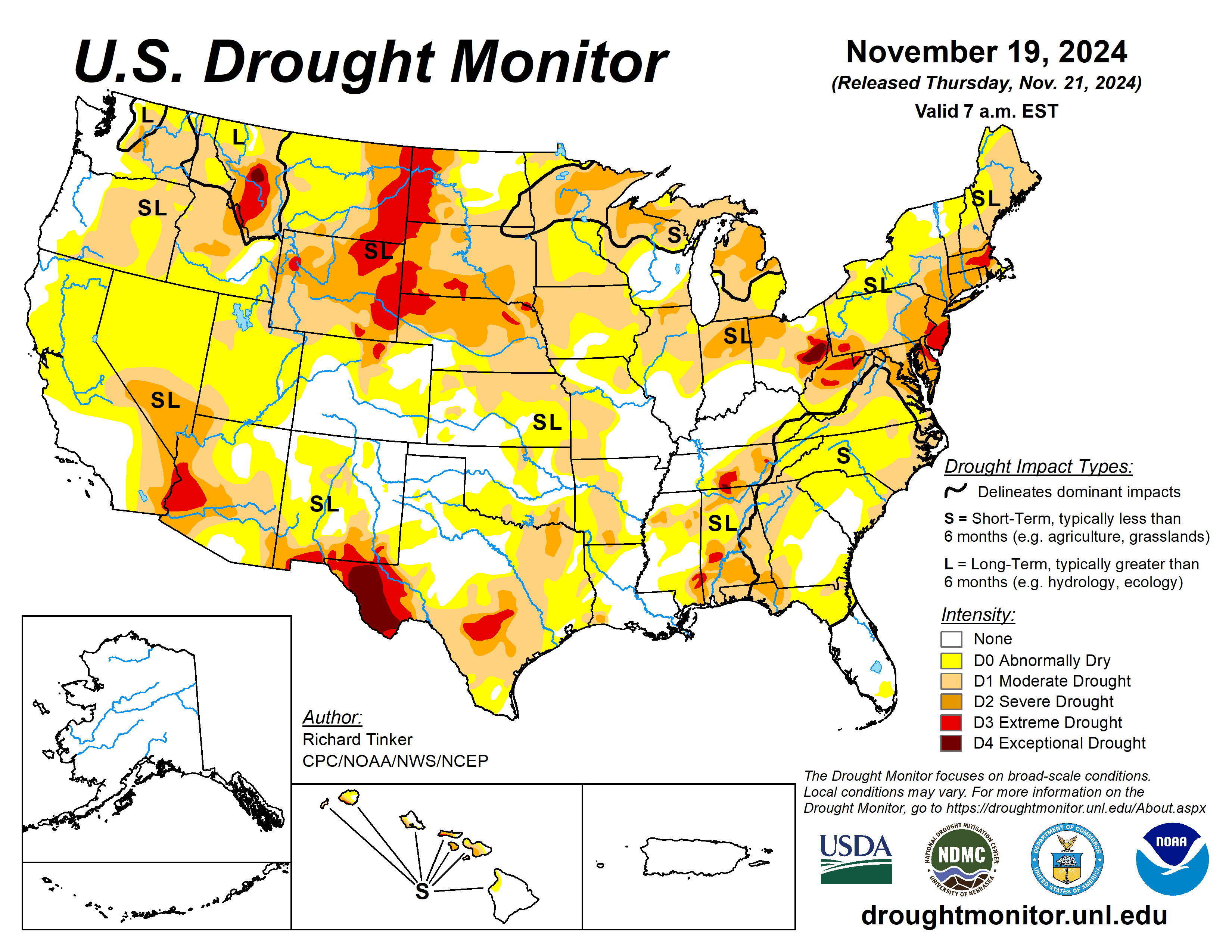 The U.S. Drought Monitor is jointly produced by the National Drought Mitigation Center at the University of Nebraska-Lincoln, the U.S. Department of Agriculture and the National Oceanic Atmospheric Administration. (Map courtesy of NDMC.)