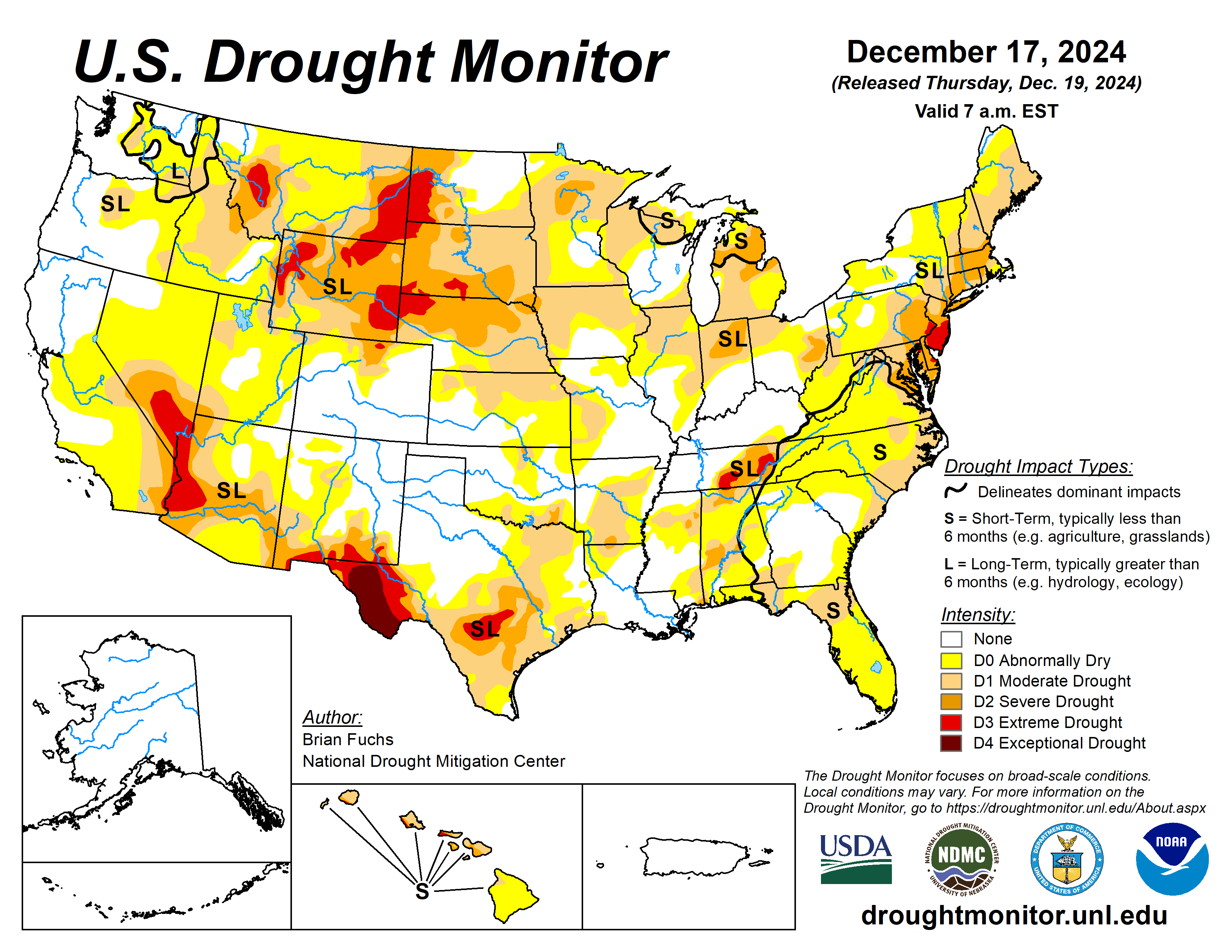 The U.S. Drought Monitor is jointly produced by the National Drought Mitigation Center at the University of Nebraska-Lincoln, the U.S. Department of Agriculture and the National Oceanic Atmospheric Administration. (Map courtesy of NDMC.)