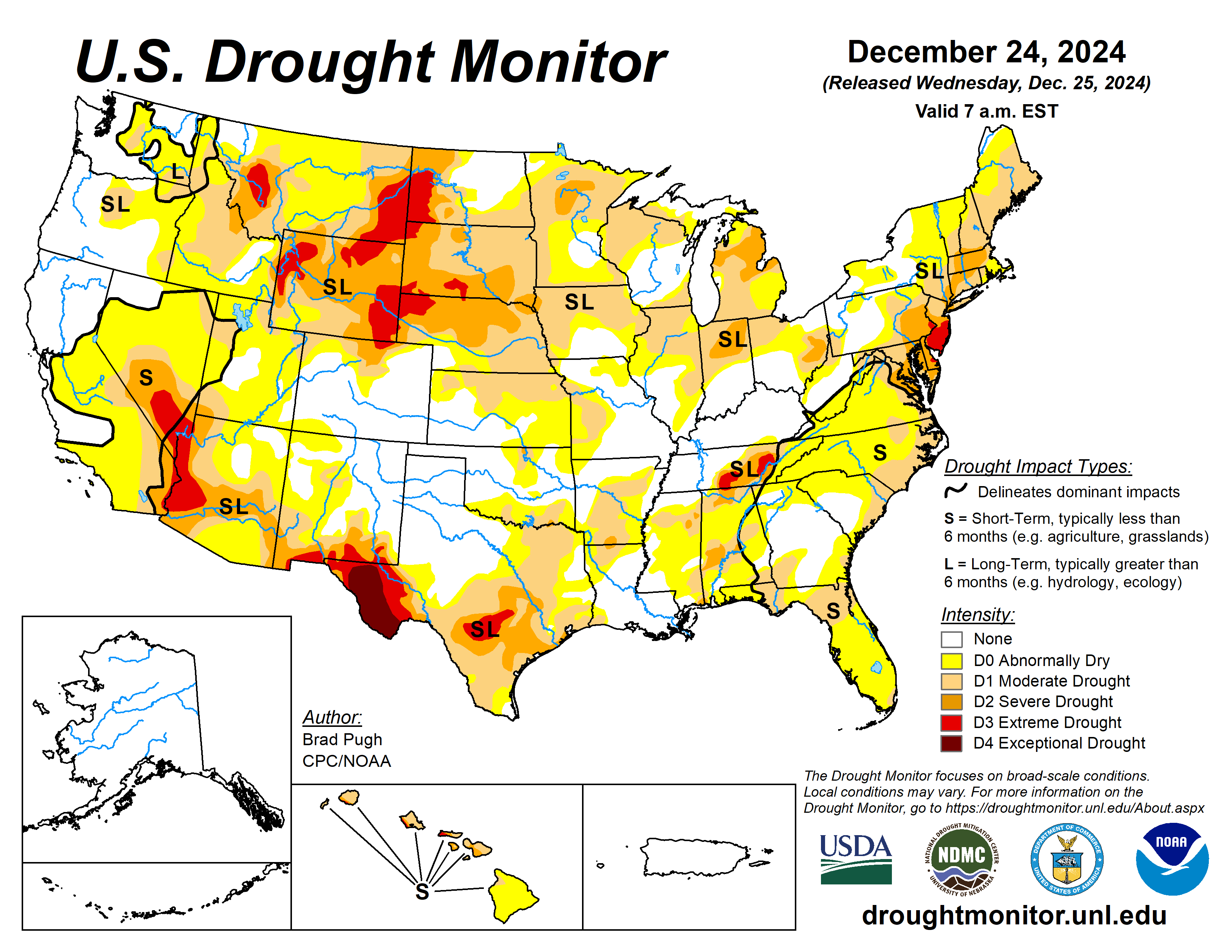 The U.S. Drought Monitor is jointly produced by the National Drought Mitigation Center at the University of Nebraska-Lincoln, the U.S. Department of Agriculture and the National Oceanic Atmospheric Administration. (Map courtesy of NDMC.)