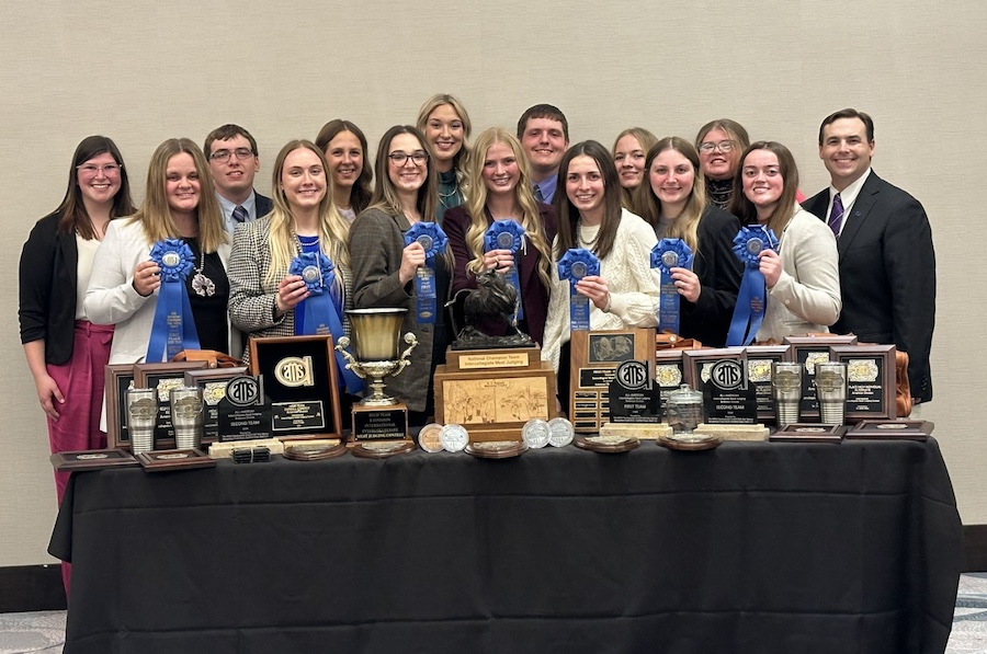 Members of the National Champion Meat Judging Team from Kansas State University (pictured back row, l to r) are: Steph Witberler, coach; Hayden Lott, Minneapolis, Kansas; Emma Balisky, Alberta, Canada; Makenna Graney, Fennimore, Wisconsin; August Hulse, Culver, Kansas; Jordan Sylvester, Wamego, Kansas; Elaine Cockroft, Esbon, Kansas; and coach Travis O’Quinn. Front Row (l to r) are: Katrina Turner, Derby, Kansas; Allison Davis, Shelbyville, Tennessee; Hailey Wurtz, Seneca, Kansas; Madison Bruna, Barnes, Kansas; Reece Geer, Clay Center, Kansas; Riley Youngers, Wylie, Texas; and Bailey Thornton, Wamego, Kansas.