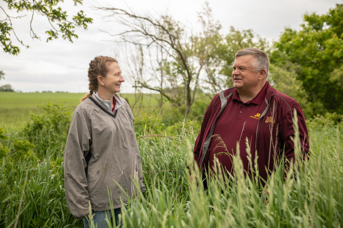 Dana Allen-Tully and Brad Carlson stand in a tall buffer strip of plantings on her property that protects a stream from nutrient runoff. (Photo: University of Minnesota Extension)