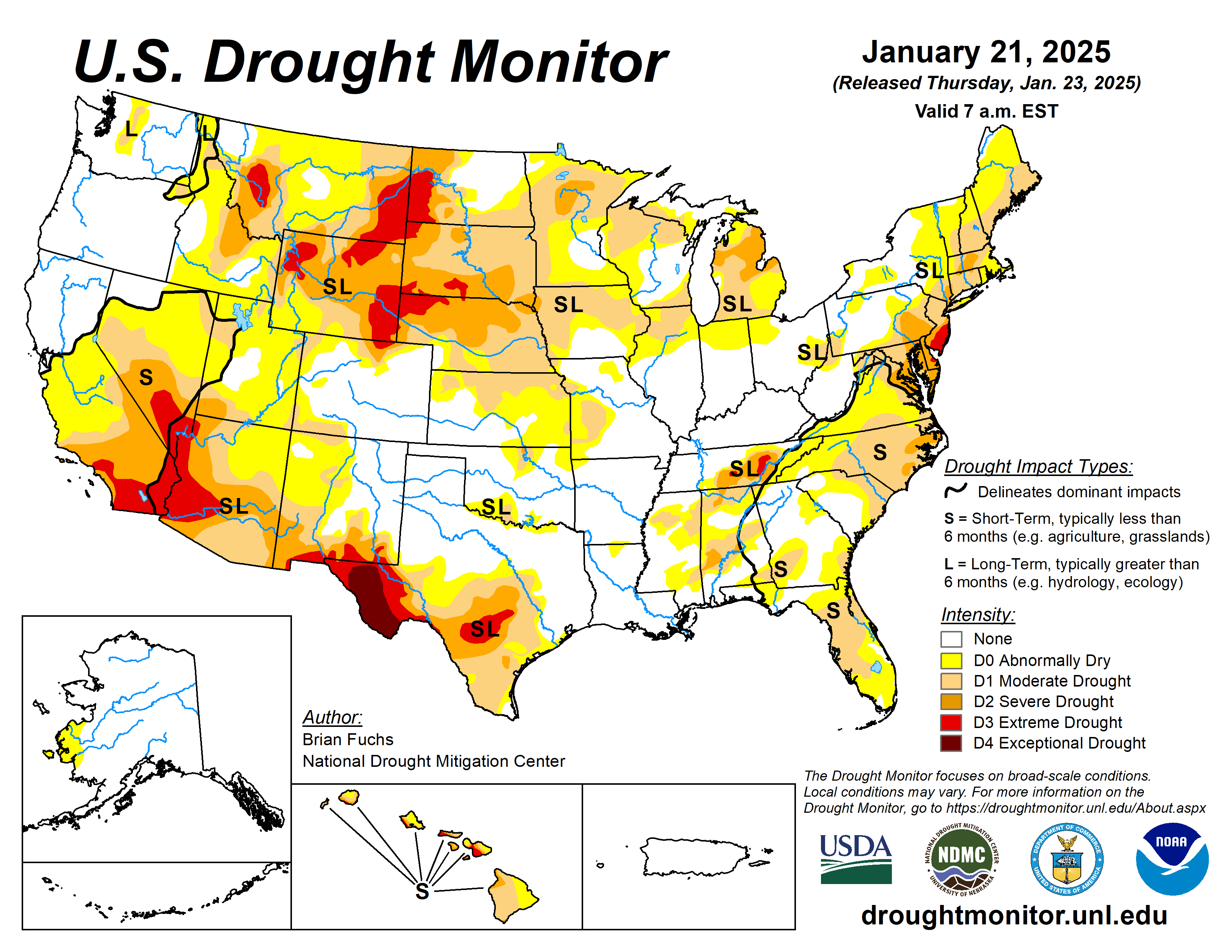 The U.S. Drought Monitor is jointly produced by the National Drought Mitigation Center at the University of Nebraska-Lincoln, the U.S. Department of Agriculture and the National Oceanic Atmospheric Administration. (Map courtesy of NDMC.)