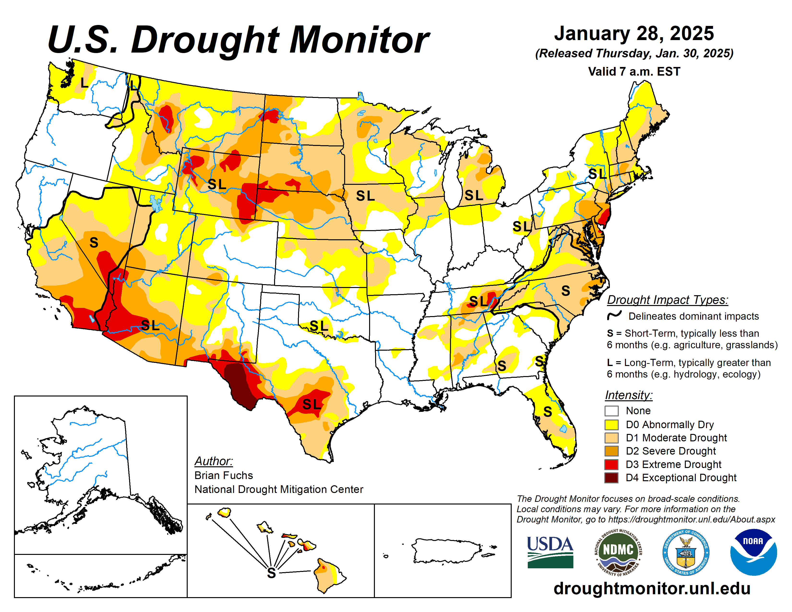 The U.S. Drought Monitor is jointly produced by the National Drought Mitigation Center at the University of Nebraska-Lincoln, the U.S. Department of Agriculture and the National Oceanic Atmospheric Administration. (Map courtesy of NDMC.)