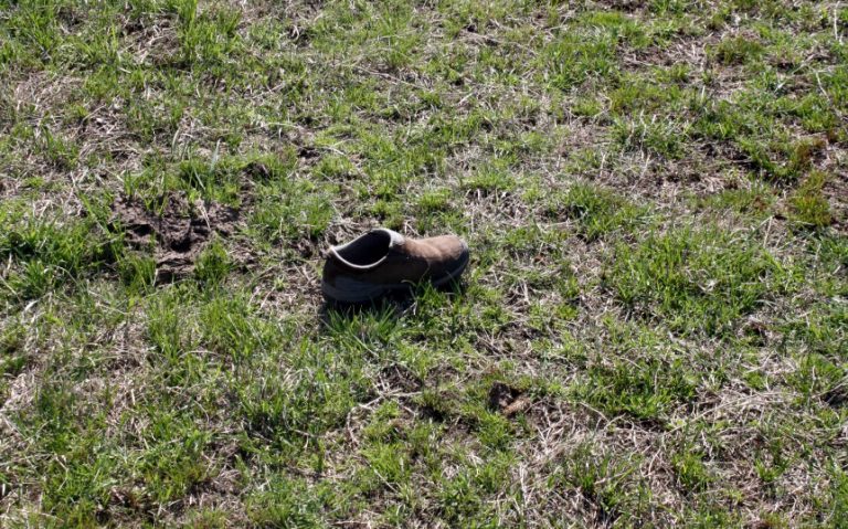 Consider frost-seeding legumes now to improve pasture health. Grass grazed below ankle height, as indicated by this shoe, can deplete pastures of nutrients and encourage weed growth. (Photo by Terry Halleran, University of Missouri Extension field agronomist.)