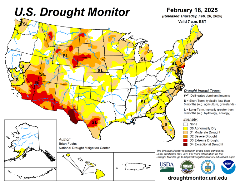 The U.S. Drought Monitor is jointly produced by the National Drought Mitigation Center at the University of Nebraska-Lincoln, the U.S. Department of Agriculture and the National Oceanic Atmospheric Administration. (Map courtesy of NDMC.)
