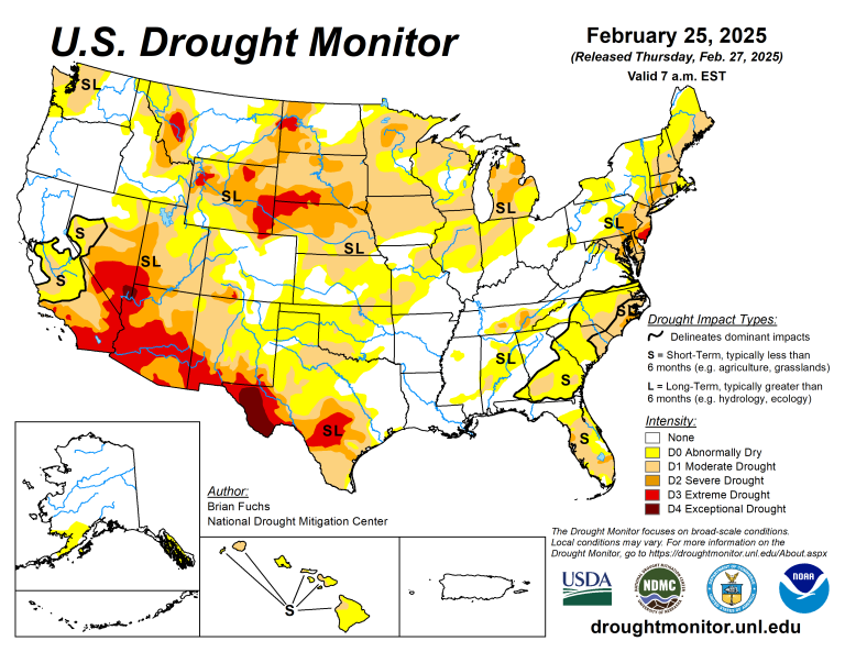The U.S. Drought Monitor is jointly produced by the National Drought Mitigation Center at the University of Nebraska-Lincoln, the U.S. Department of Agriculture and the National Oceanic Atmospheric Administration. (Map courtesy of NDMC.)